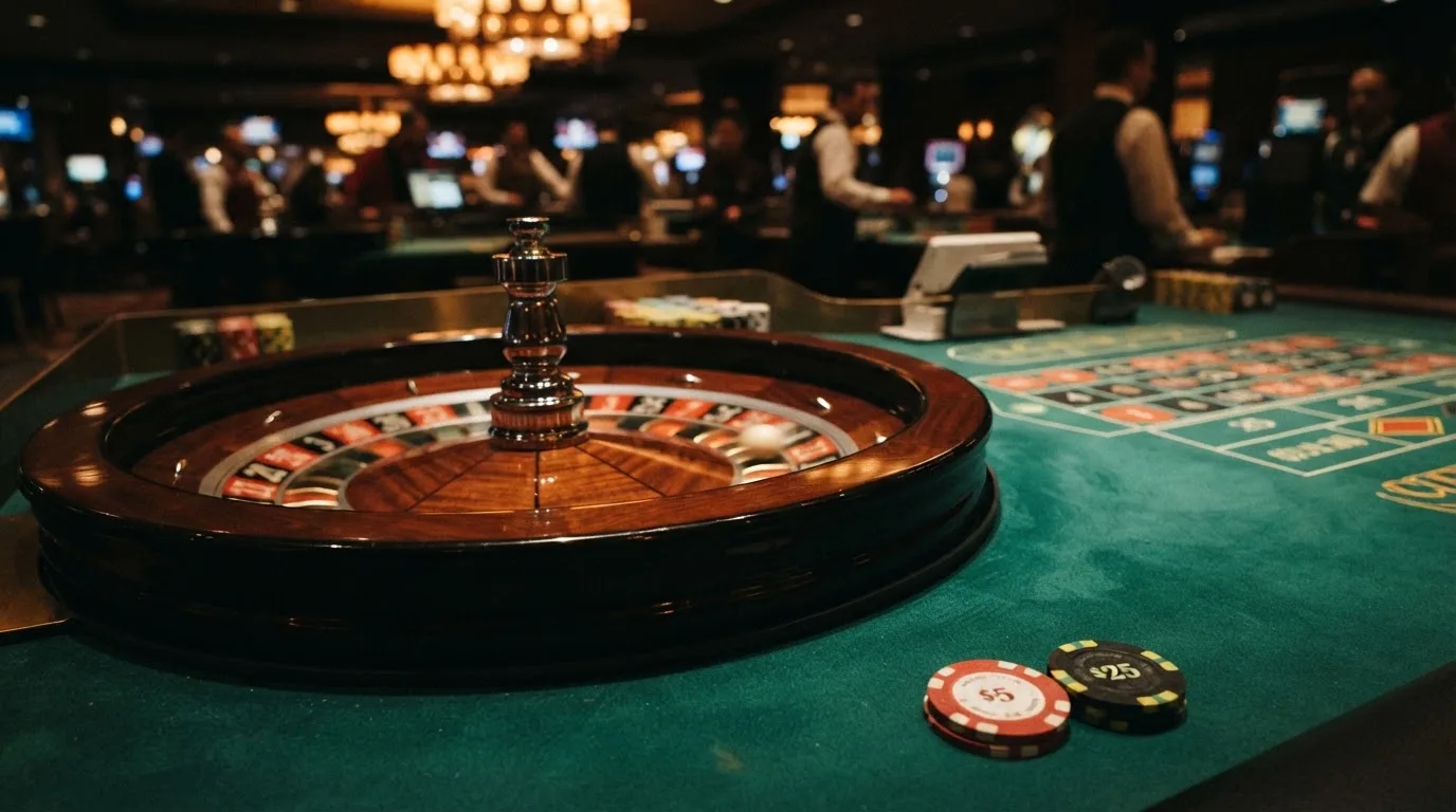 Roulettehjul og spillemærker på grønt filt i varmt aftenlys — anmeldelser af casinoer