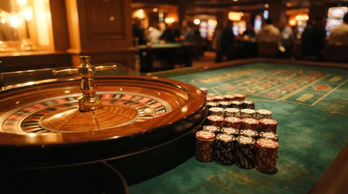 Roulettehjul og spillemærker på grønt filt i varmt aftenlys — bedste blackjack casinoer