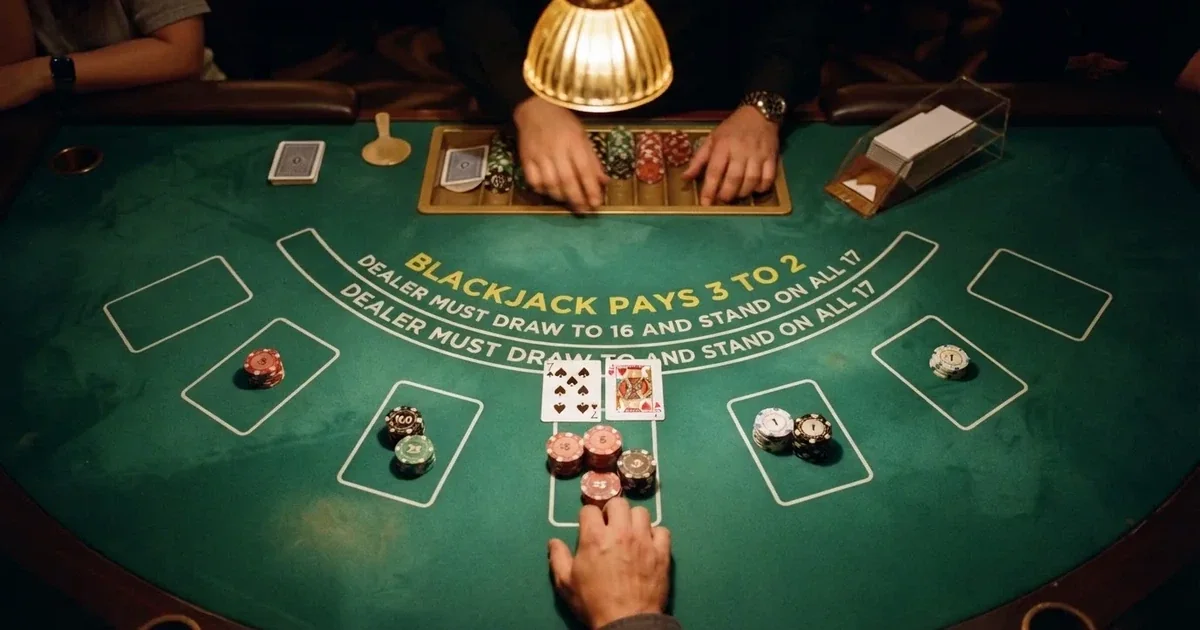 Oplyst spillebord med kort, set ovenfra — bedste blackjack i danmark