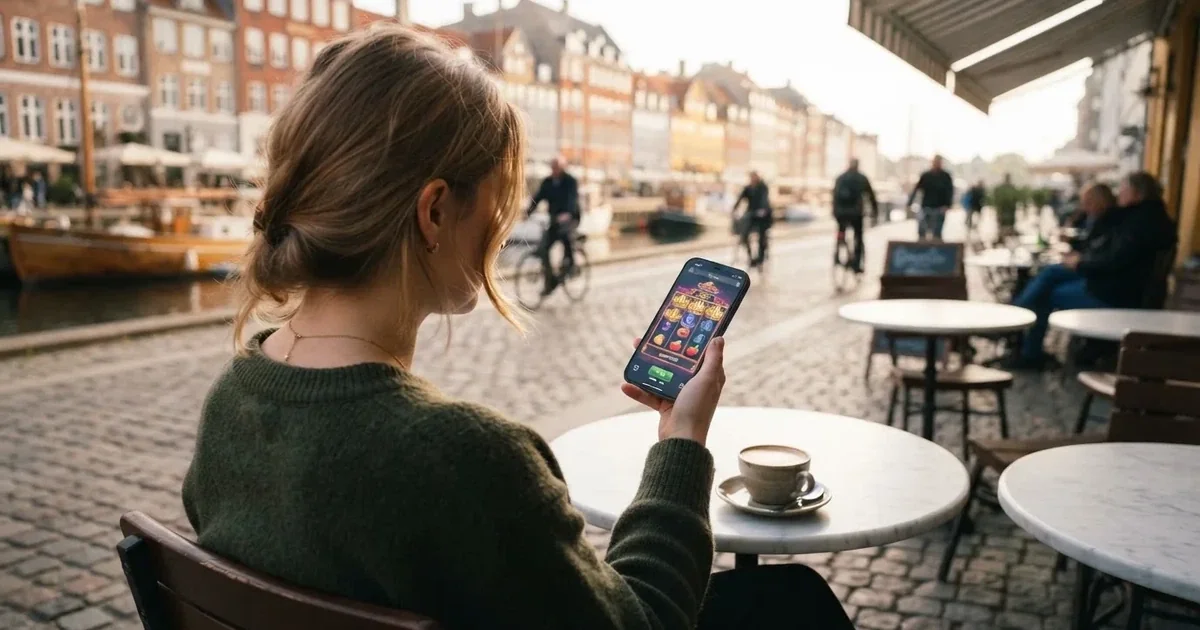 En ung kvinde sidder på en café i København og holder en smartphone i hånden, mens hun kigger op og smiler i dagslys.