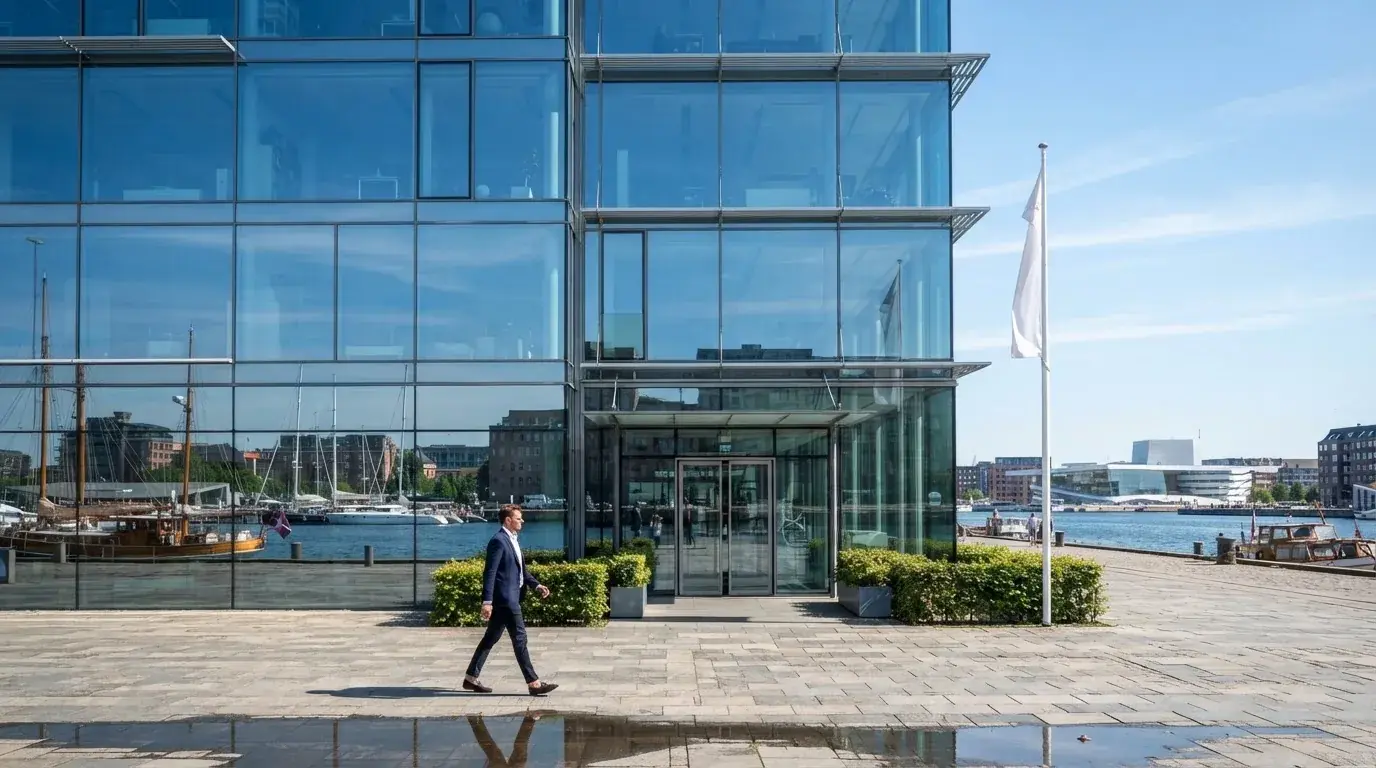 En moderne kontorbygning med glasfacade ved Københavns havn i klart dagslys, med en medarbejder i blazer, der går forbi.
