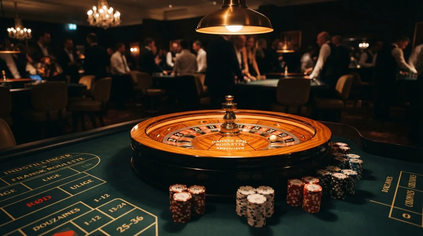 Roulettehjul og spillemærker på grønt filt i varmt aftenlys — bedste danske casino bonusser