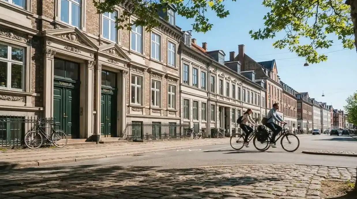 Københavnsk gade med klassiske bygninger og cyklister i klart vejr, set fra fortovet.