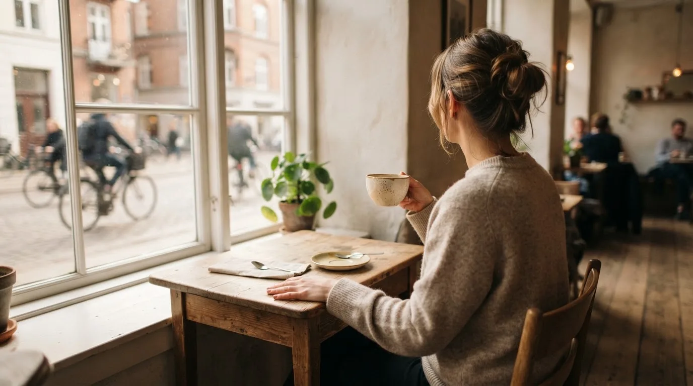Kvinde sidder på en café med en kop te og kigger tænksomt ud ad vinduet i blødt dagslys.