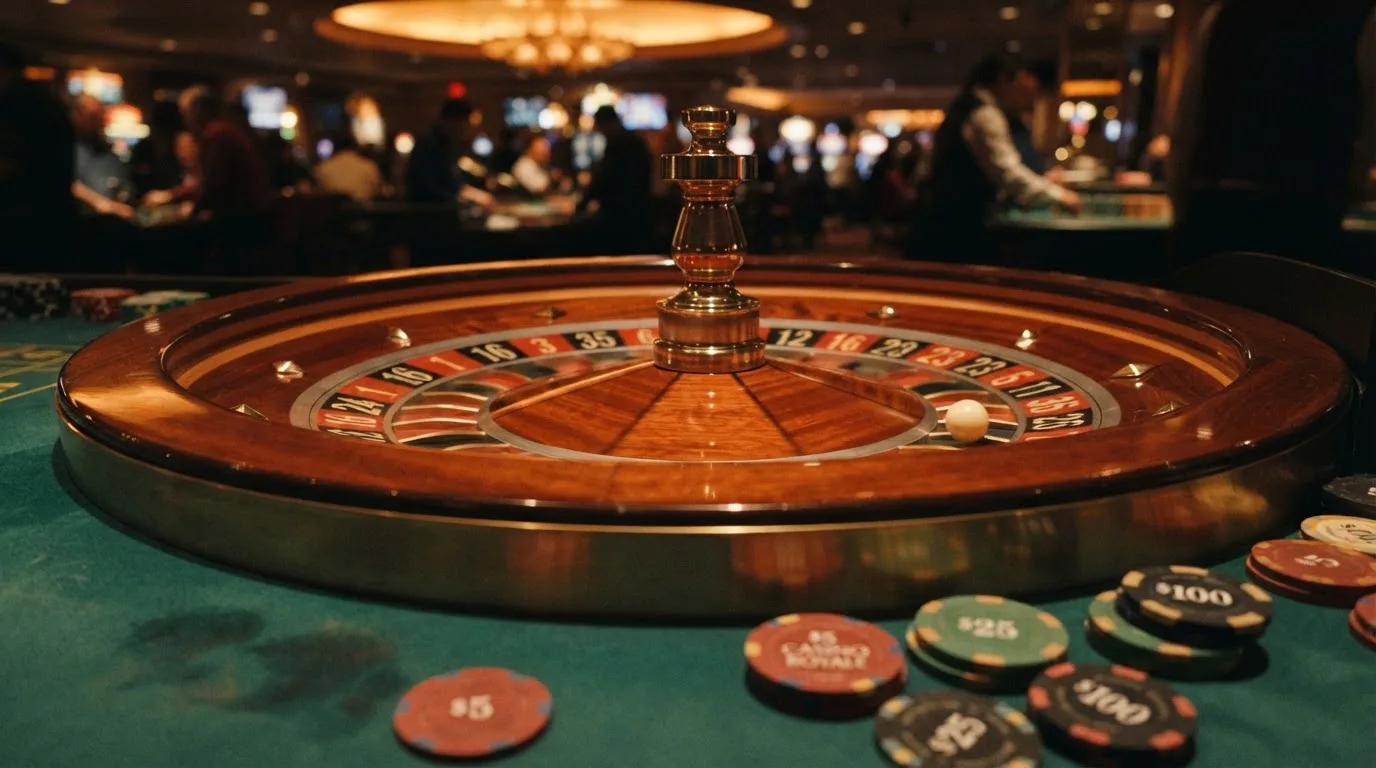 Roulettehjul og spillemærker på grønt filt i varmt aftenlys — bedste roulette casinoer