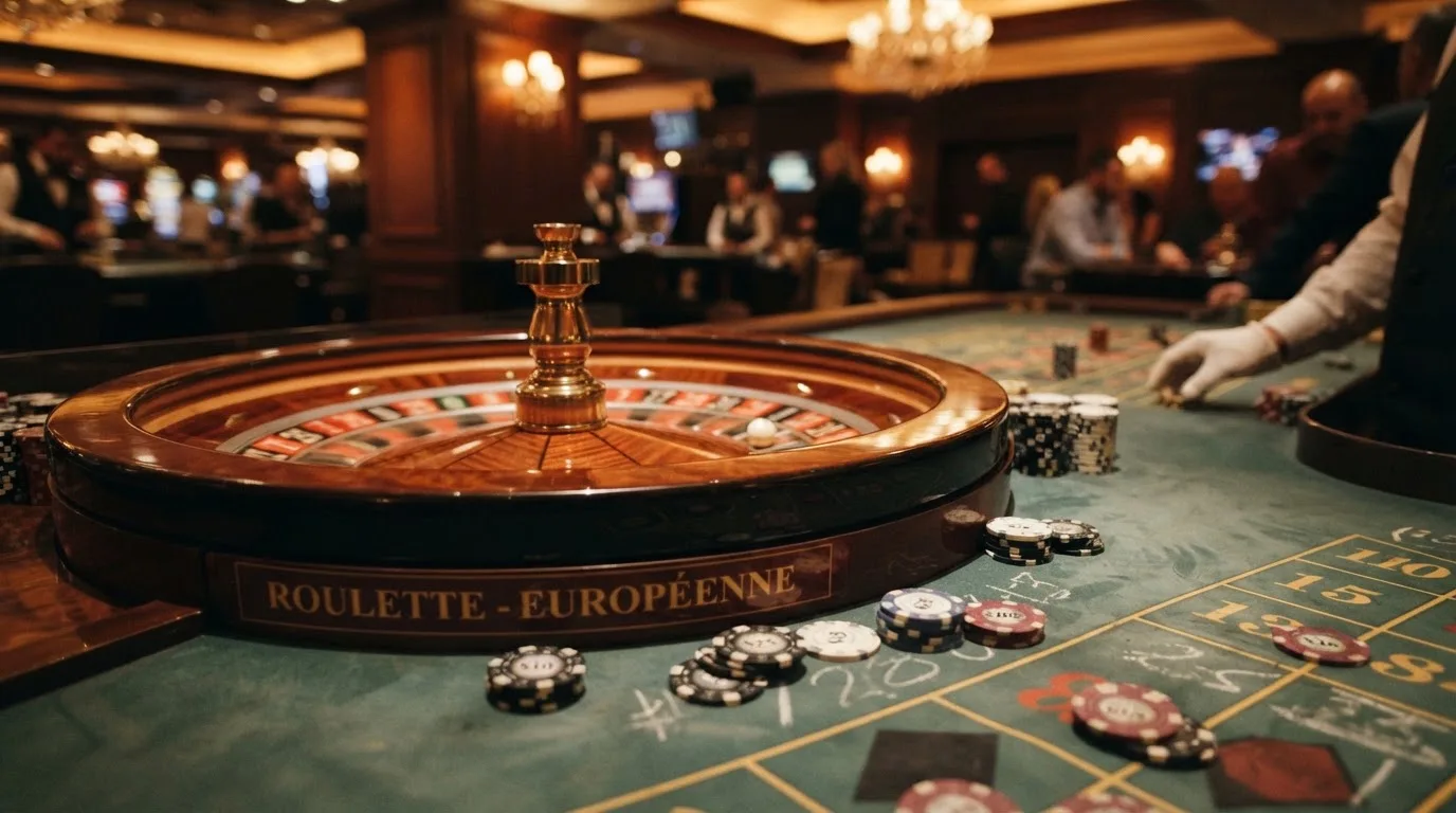 Roulettehjul og spillemærker på grønt filt i varmt aftenlys — bedste slots casinoer