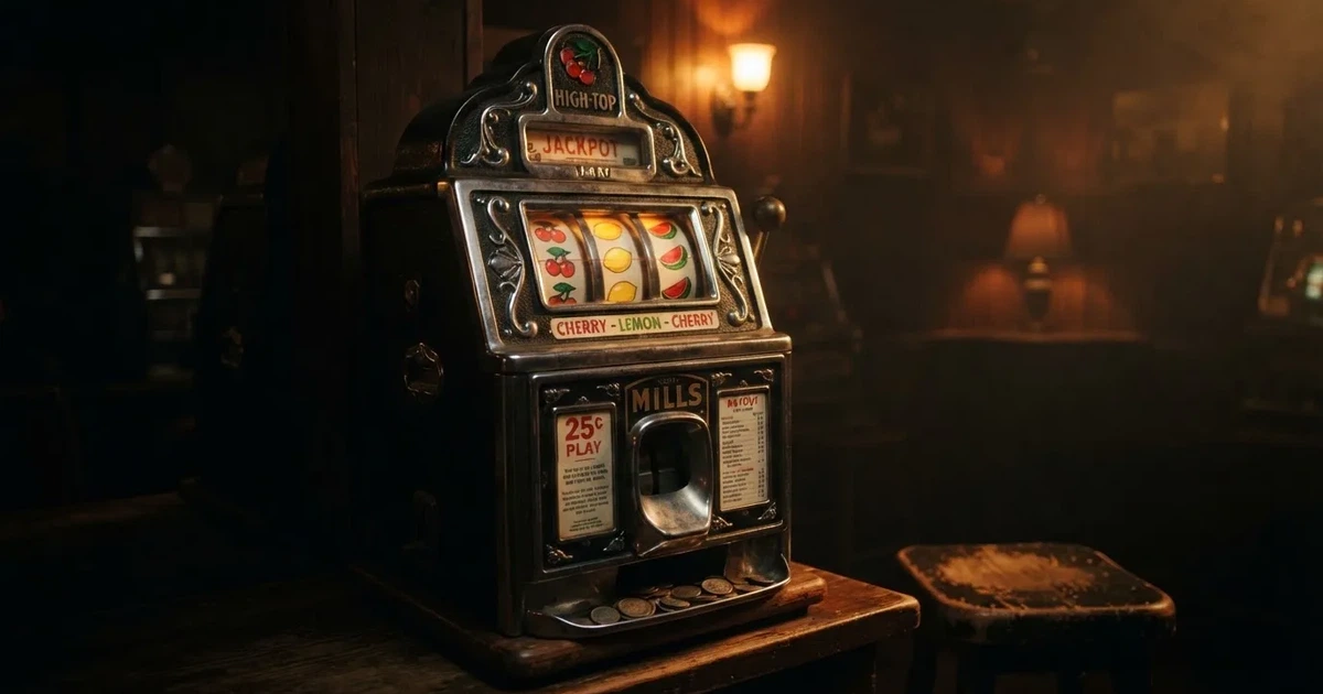 Nærbillede af tre roterende hjul med farverige frugtsymboler på en klassisk spilleautomat i et dæmpet, varmt oplyst spillelokale.