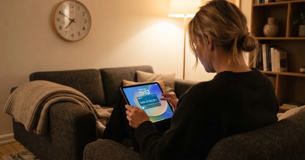 Person i en sofa ser eftertænksomt på en tablet, et ur på væggen bagved — casino bonus til eksisterende kunder