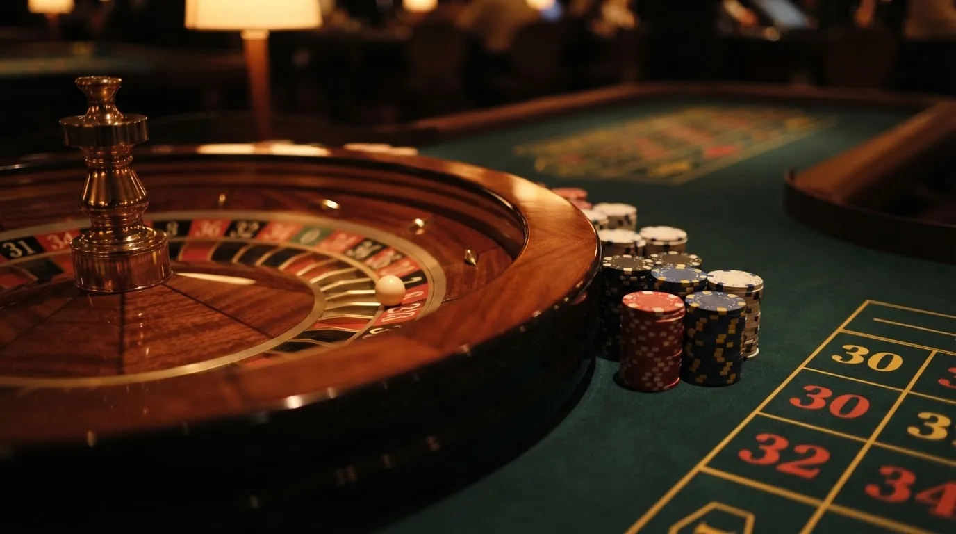 Roulettehjul og spillemærker på grønt filt i varmt aftenlys — casino bonus til eksisterende kunder