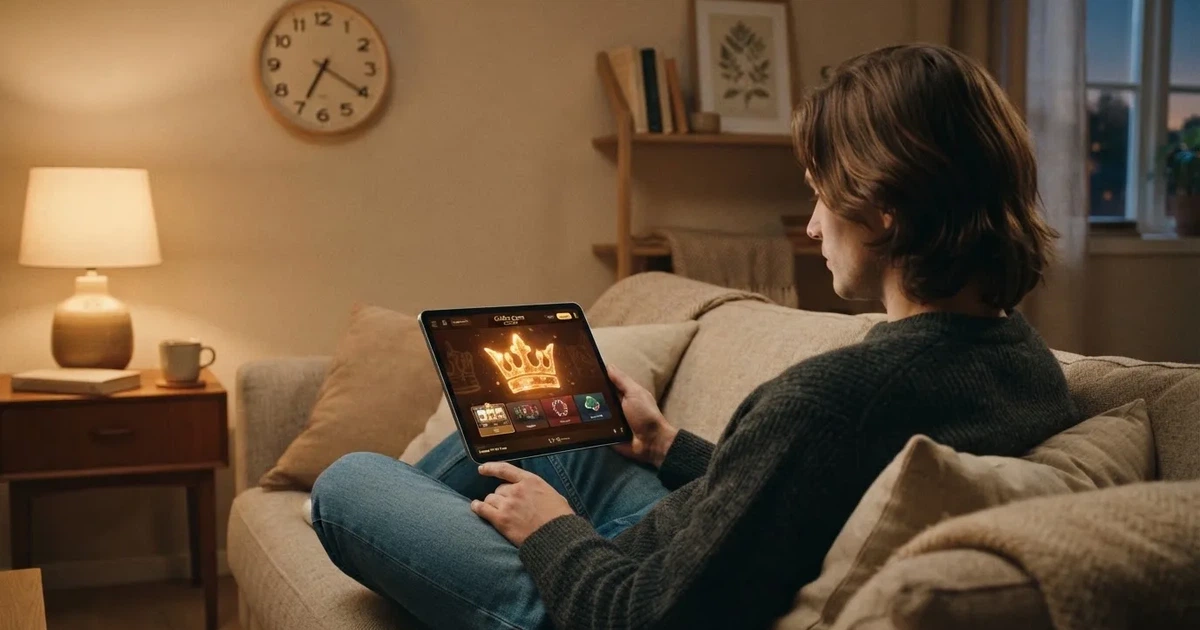 Person i en sofa ser eftertænksomt på en tablet, et ur på væggen bagved — casino bonus uden indskud dk