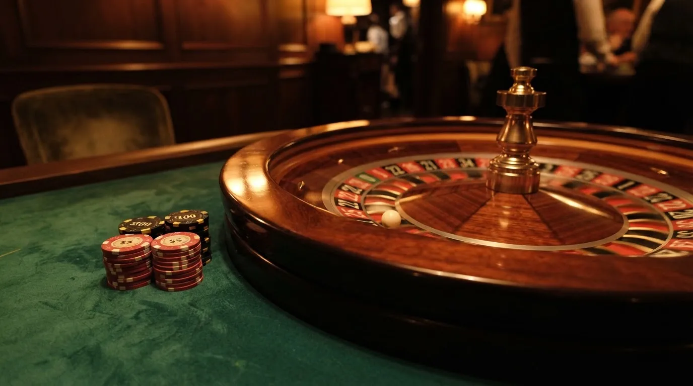 Roulettehjul og spillemærker på grønt filt i varmt aftenlys — casino bonus uden indskud dk