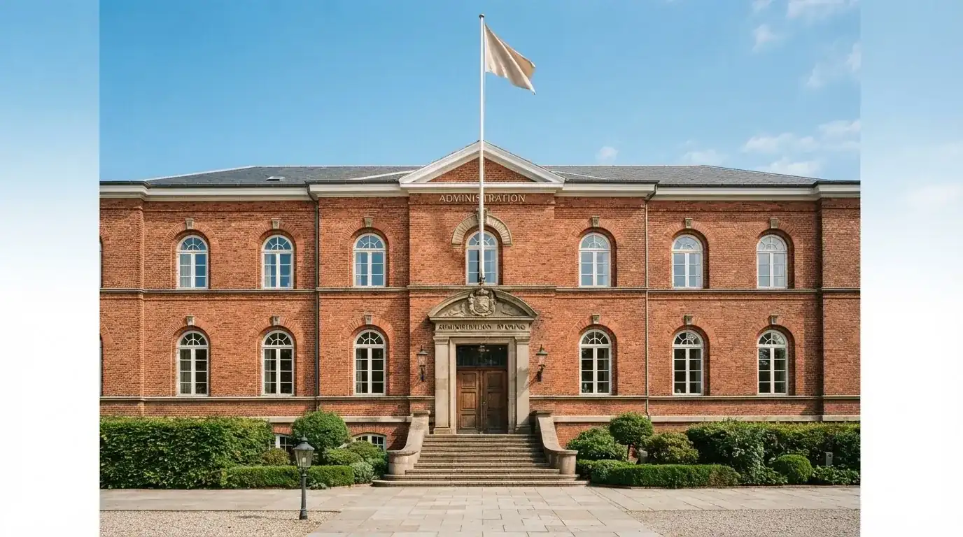 Facade af en klassisk dansk administrationsbygning i røde mursten med flagstang under blå himmel, uden personer.