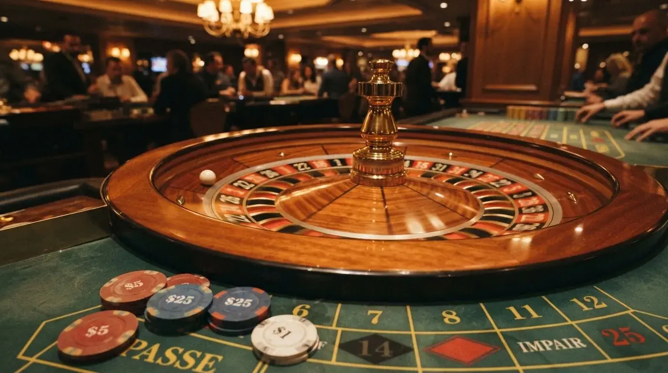 Roulettehjul og spillemærker på grønt filt i varmt aftenlys — casino med cardano i danmark