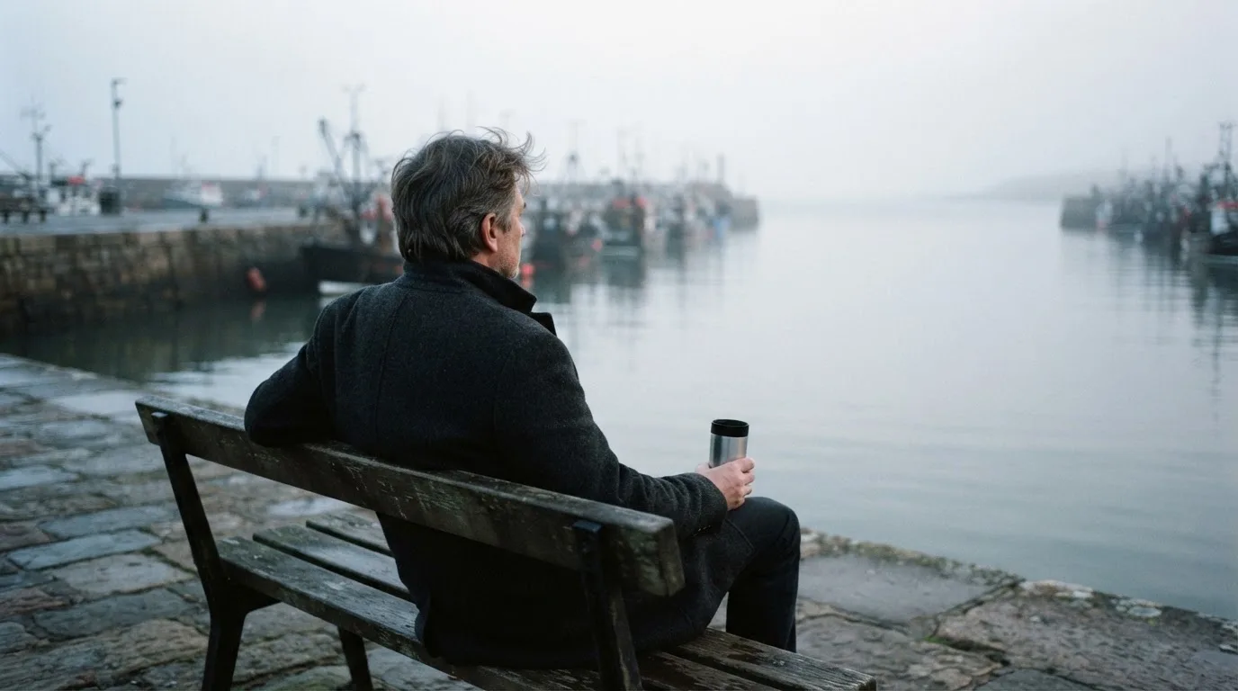 En mand sidder på en bænk ved havnen en tidlig morgen og ser ud over vandet med en termokop i hånden.