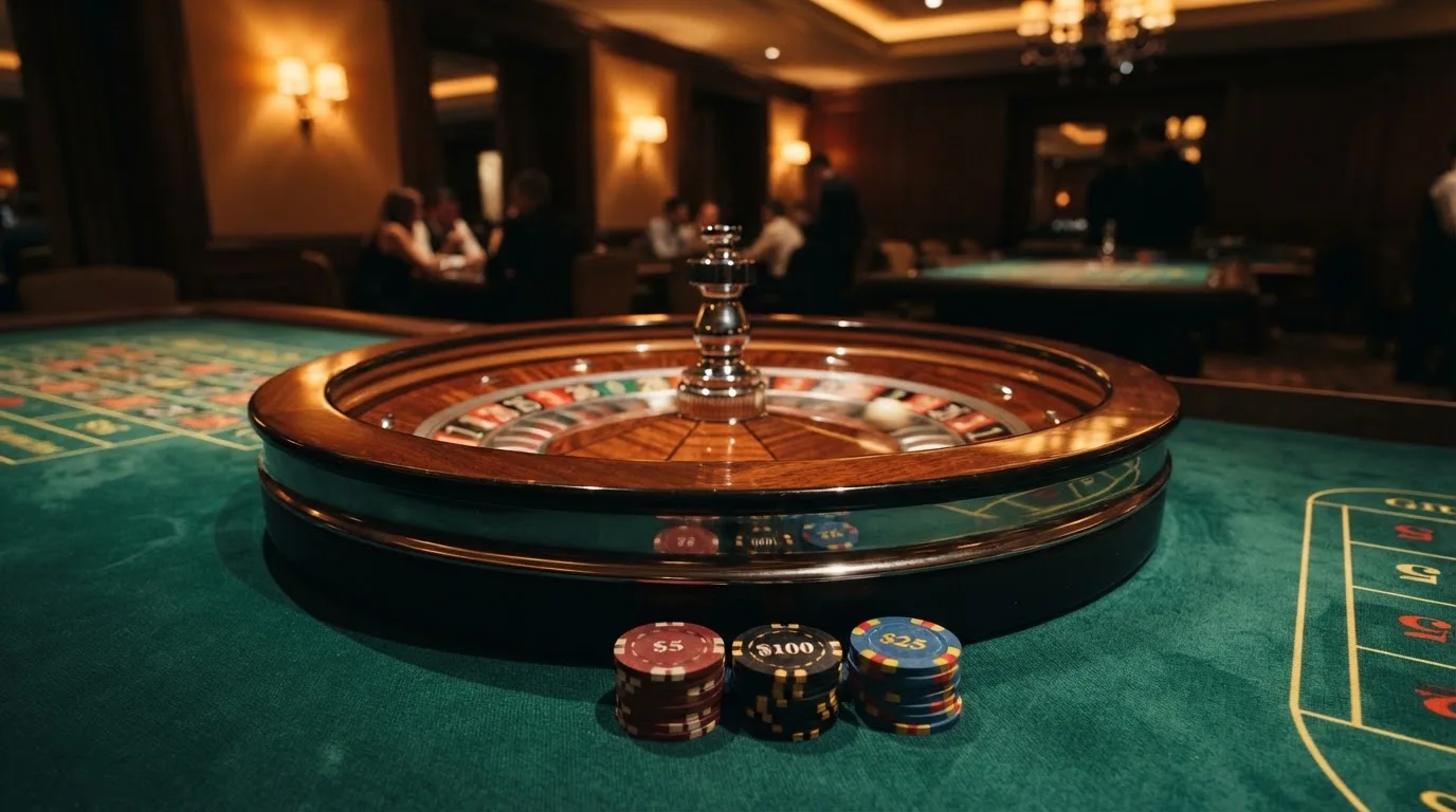 Roulettehjul og spillemærker på grønt filt i varmt aftenlys — casino med dogecoin i danmark