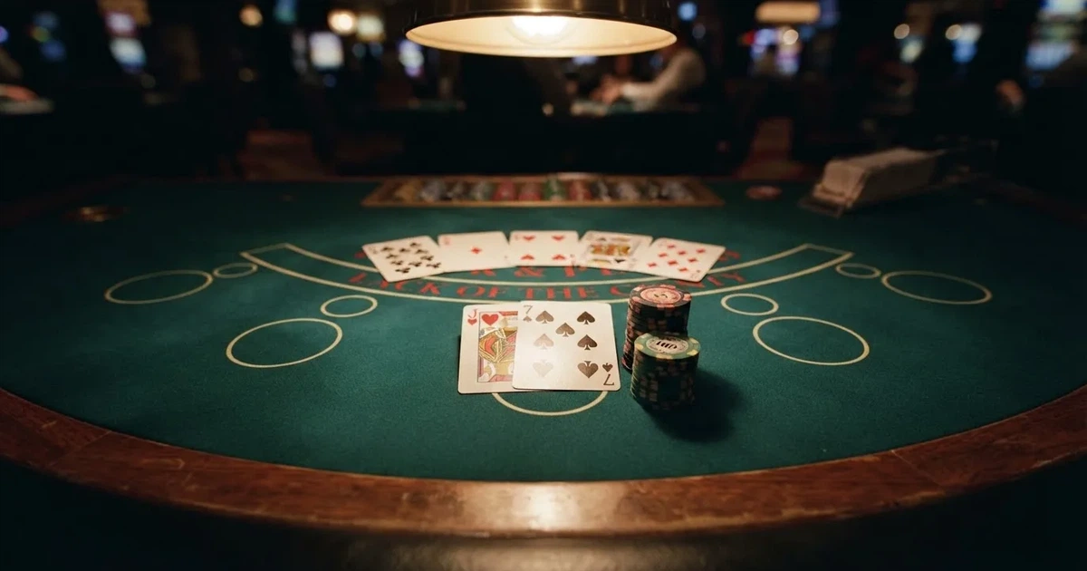 Oplyst spillebord med kort, set ovenfra — casino med högst rtp