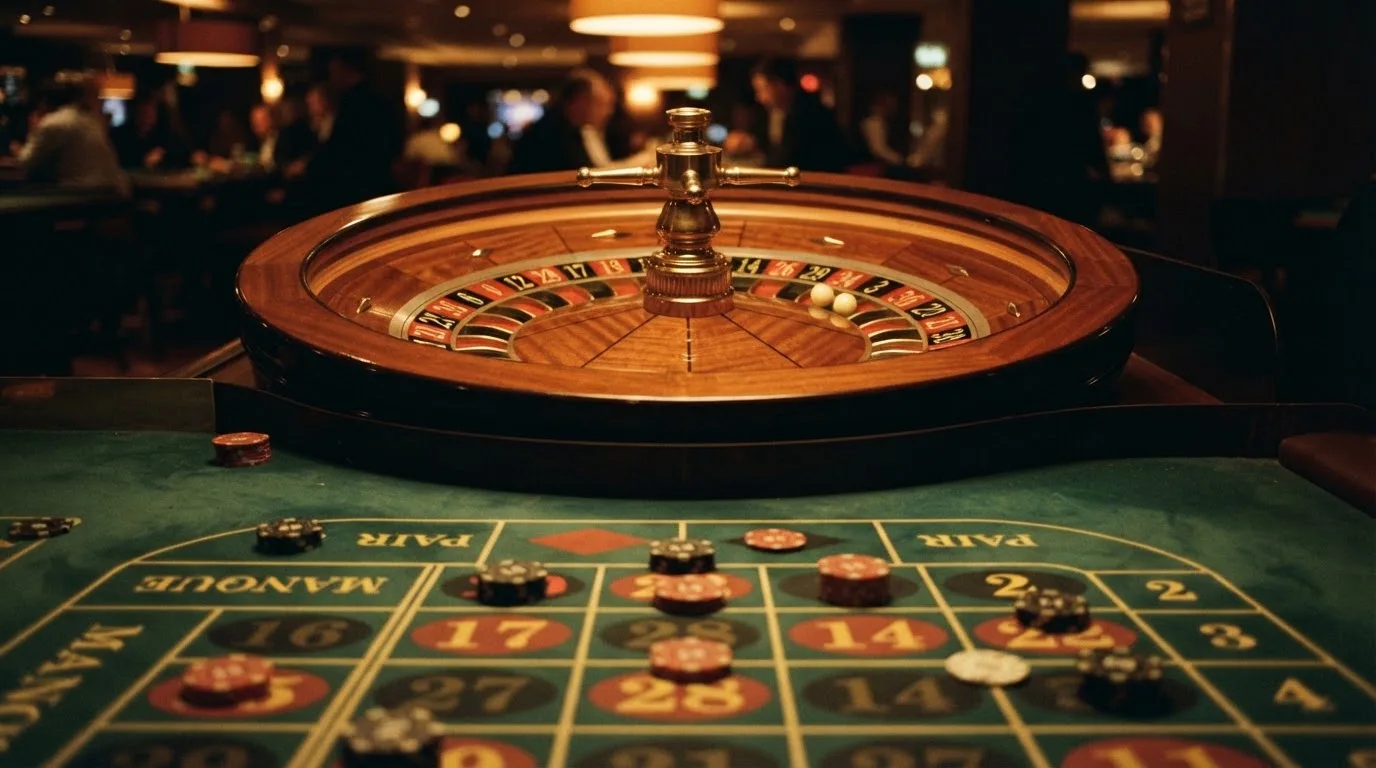 Roulettehjul og spillemærker på grønt filt i varmt aftenlys — casino med högst rtp