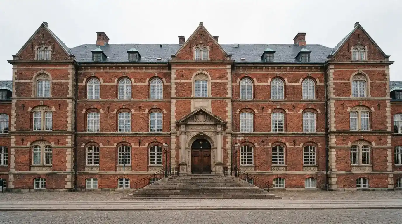 Facade af en gammel administrationsbygning i røde mursten med høje vinduer under skyet himmel, uden personer.