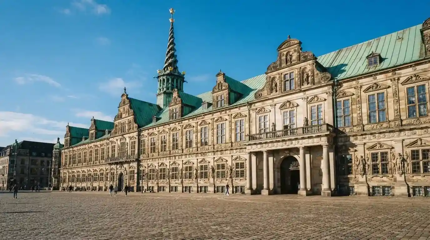 En historisk bygning i København med grøn kobbertag og kolonner i klart dagslys, set fra pladsen foran.