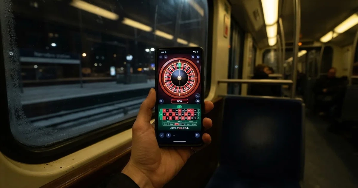 Mobiltelefon i hånden i et S-tog i København en vinteraften — casino på mobilen i danmark