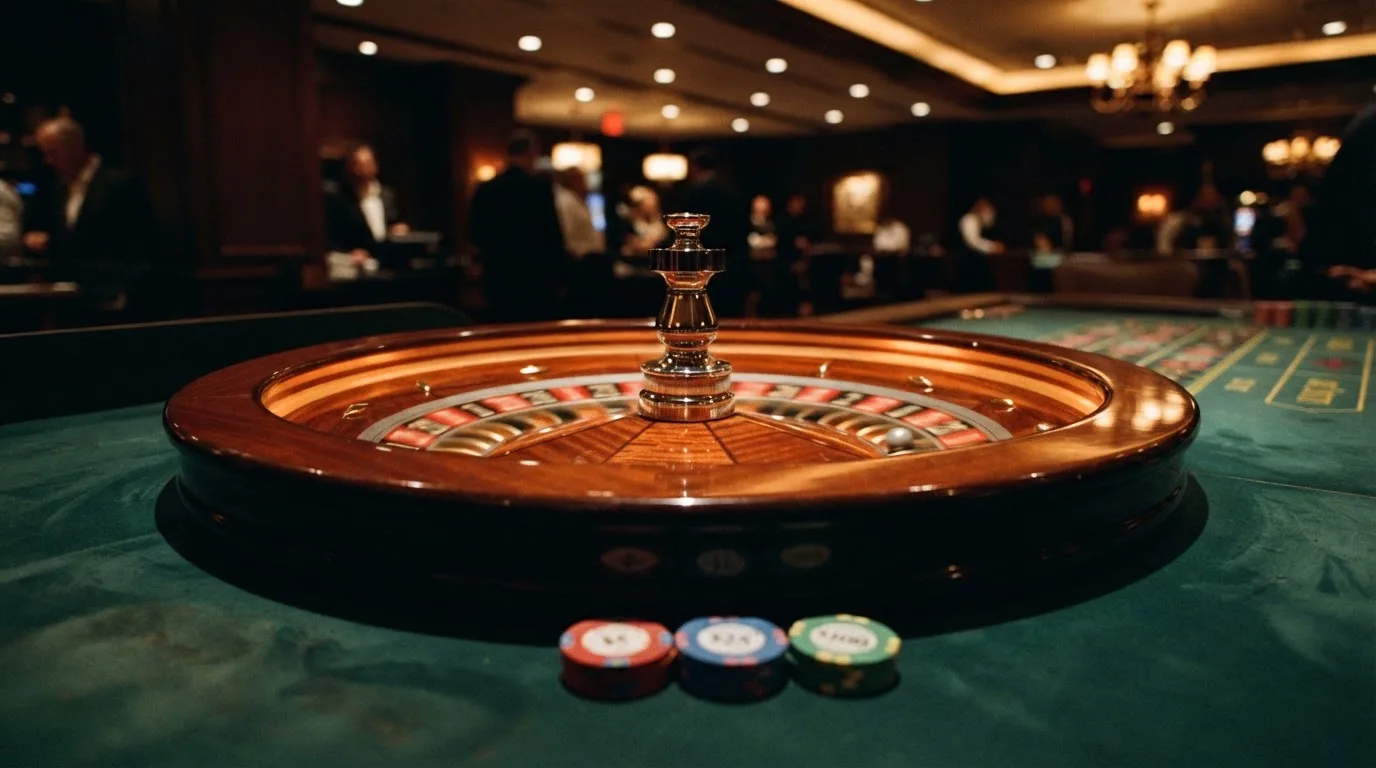 Roulettehjul og spillemærker på grønt filt i varmt aftenlys — casino på mobilen i danmark