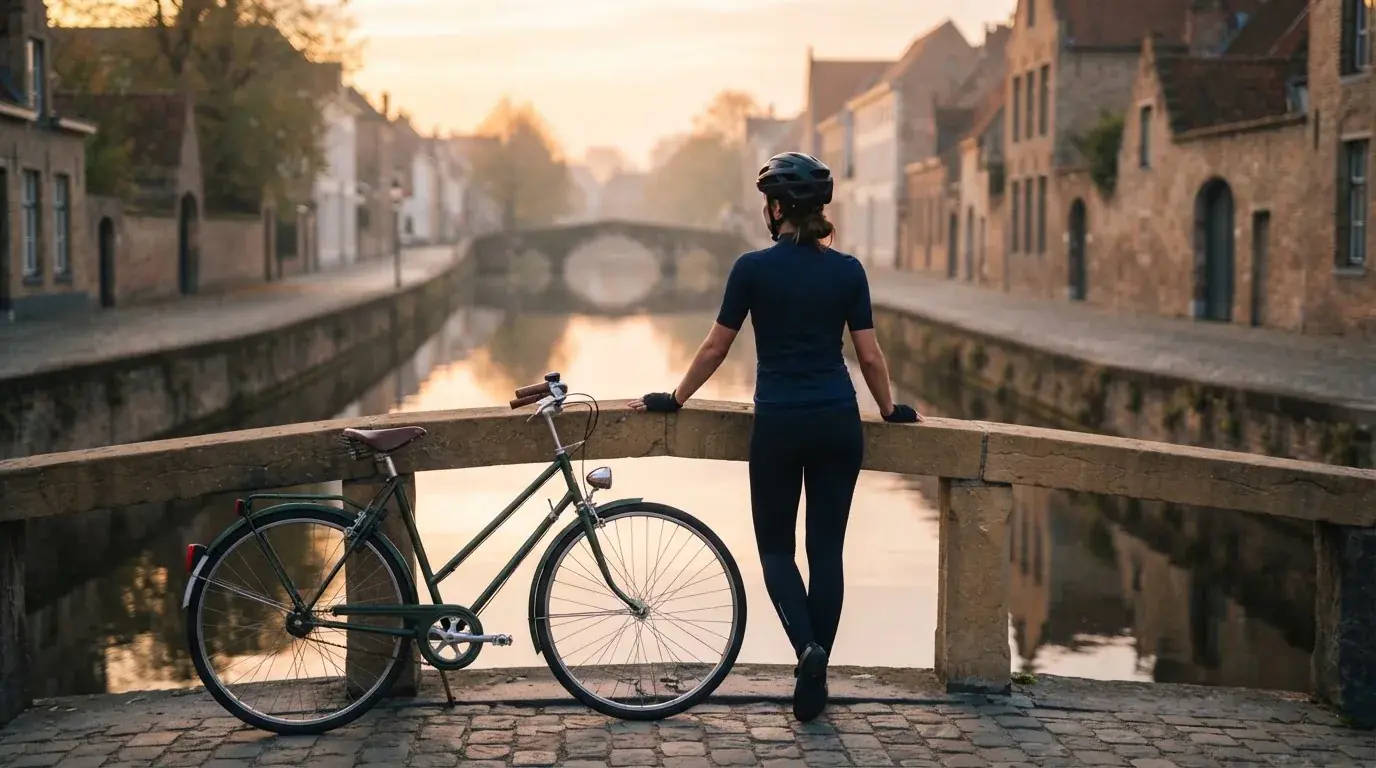 Kvinde i cykelhjelm holder pause ved en bro over en kanal og ser ud over vandet i morgenlys.