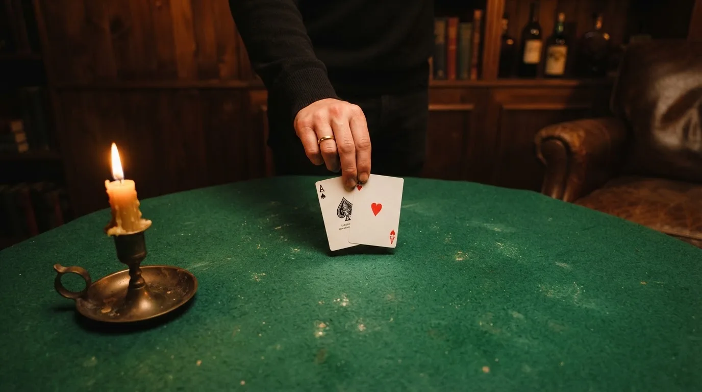 Hænder deler kort ud på et grønt filtbord i et hyggeligt rum, med et stearinlys i baggrunden.