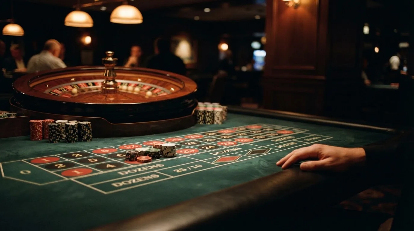Roulettehjul og spillemærker på grønt filt i varmt aftenlys — casino uden dansk licens