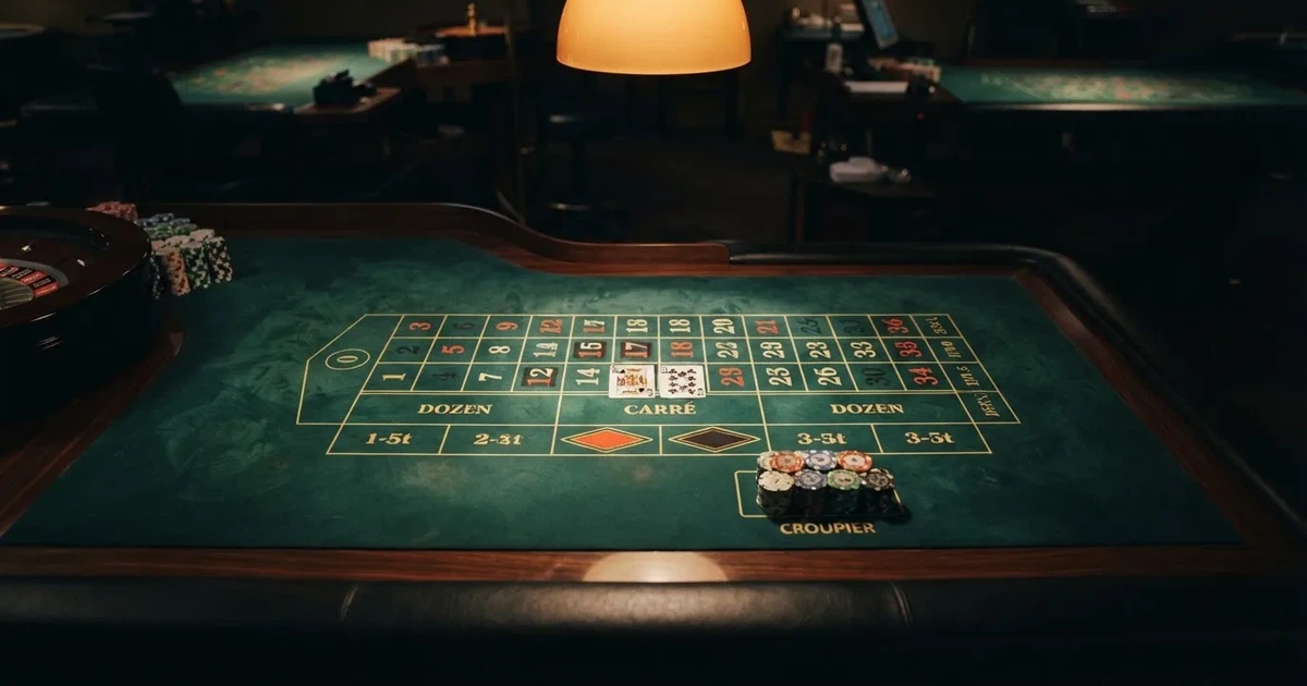 Oplyst spillebord med kort, set ovenfra — dansk live roulette
