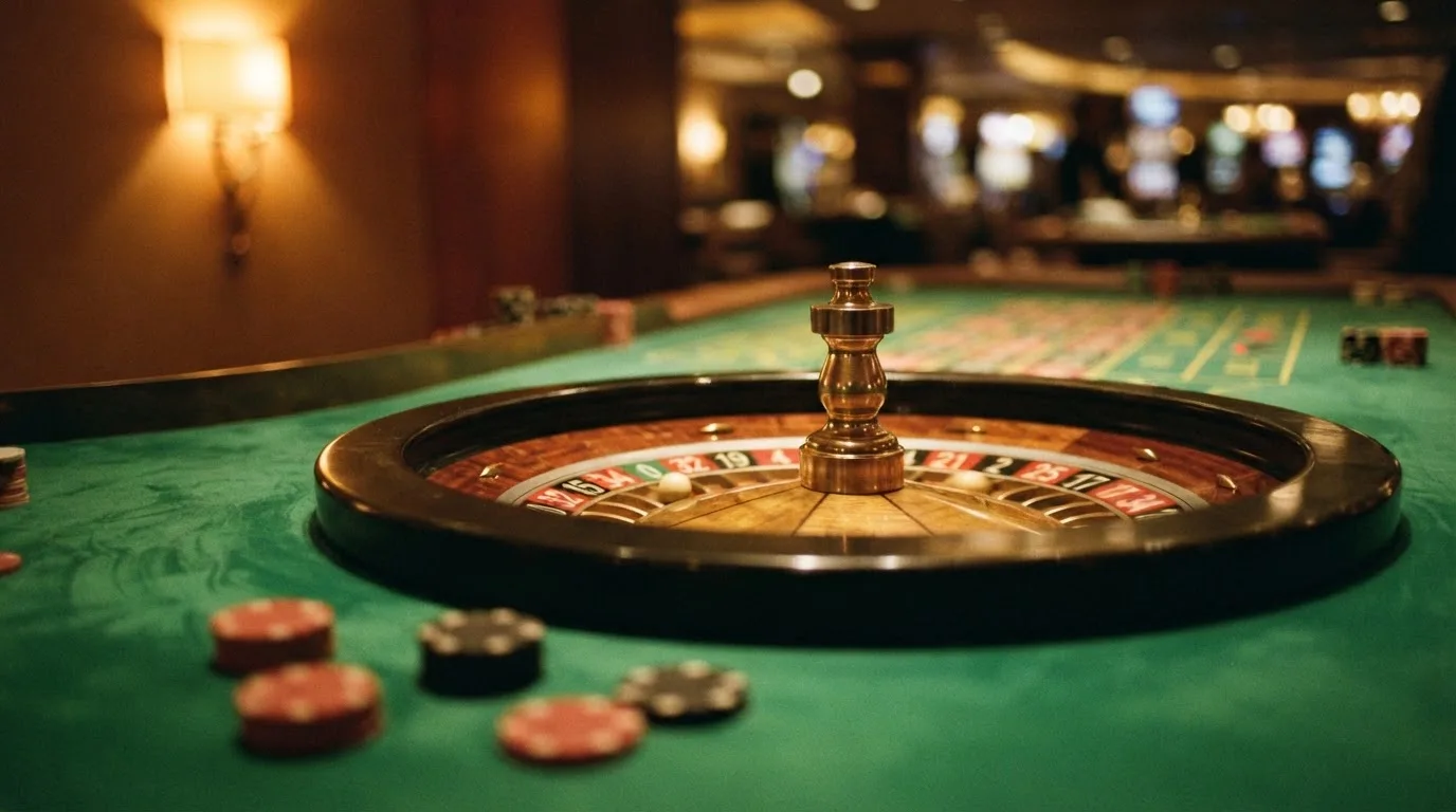 Roulettehjul og spillemærker på grønt filt i varmt aftenlys — dansk live roulette