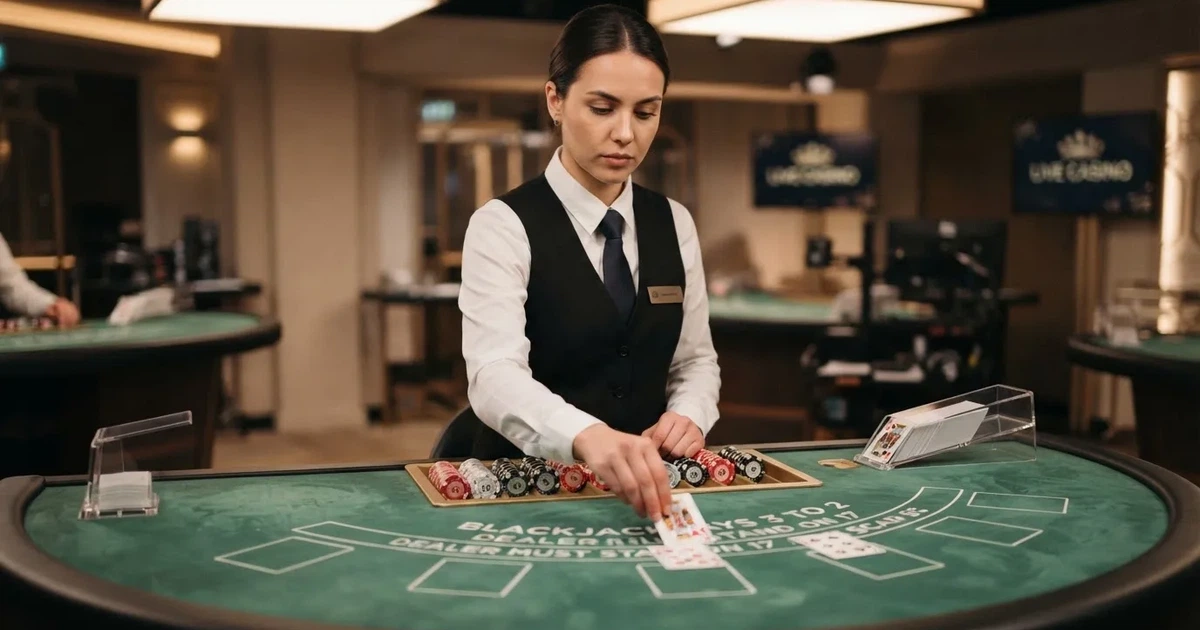 En dealer i hvid skjorte og vest står bag et grønt bord i et professionelt studie og vender et kort, set lidt fra siden.