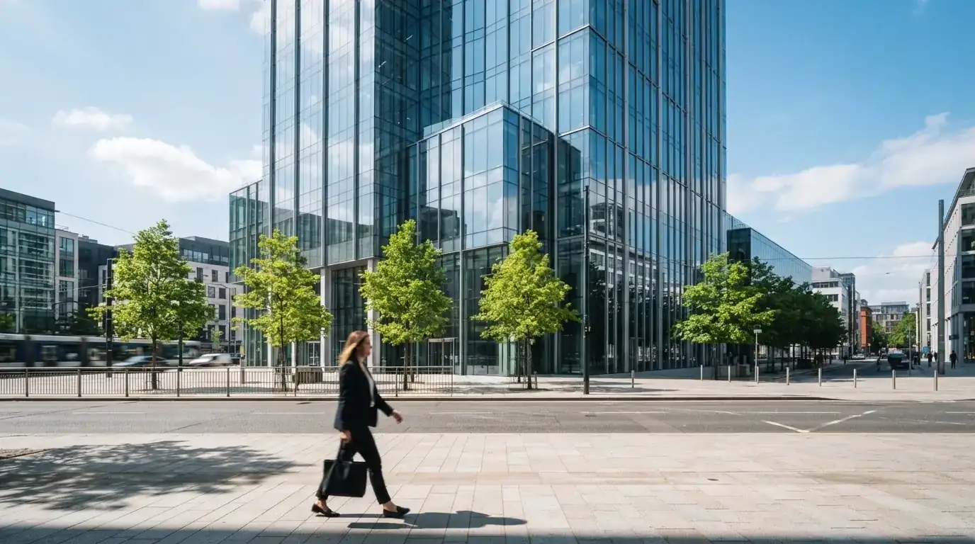En moderne glasbygning i Ørestad en lys dag med en fodgænger i forgrunden og blå himmel bag facaden.