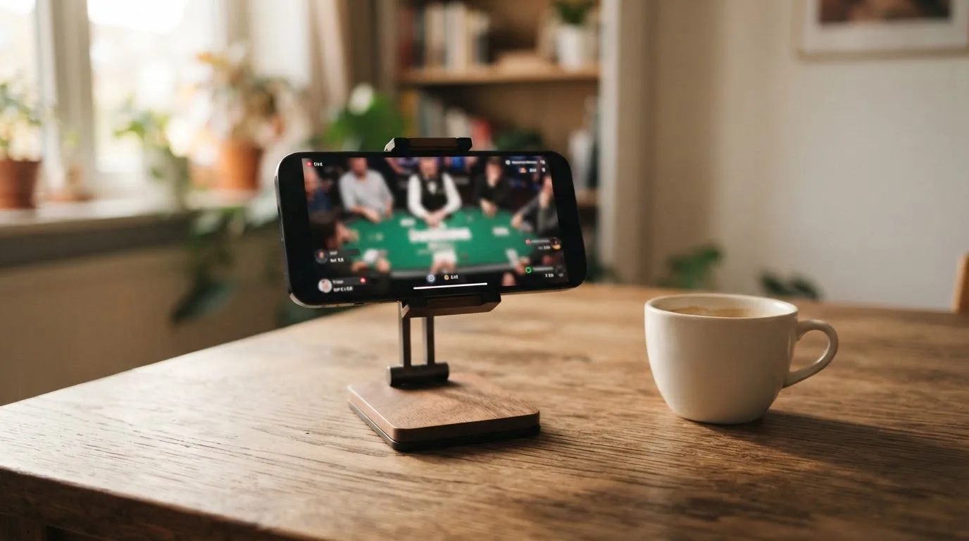 En smartphone på et stativ viser en uskarp videostream af et spillebord, mens en kaffekop står ved siden af på et skrivebord.