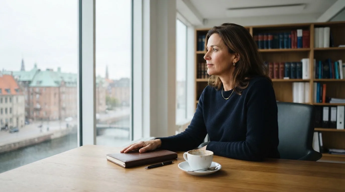 Jurist sidder ved et skrivebord i et lyst københavnsk kontor med reol, kaffekop og store vinduer og kigger eftertænksomt ud.