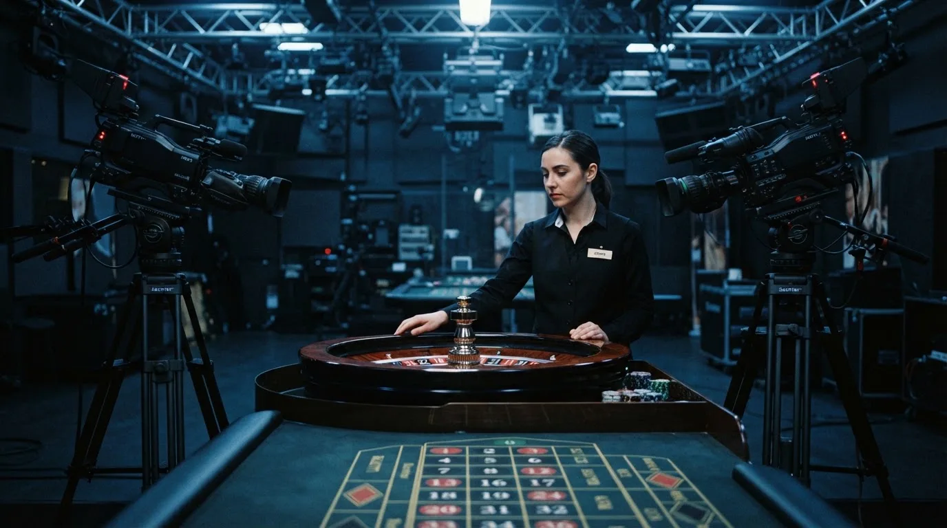 Kameraer på stativer og et roulettehjul midt i et mørkt livecasino-studie med en dealer i uniform, set fra siden i blåligt lys.