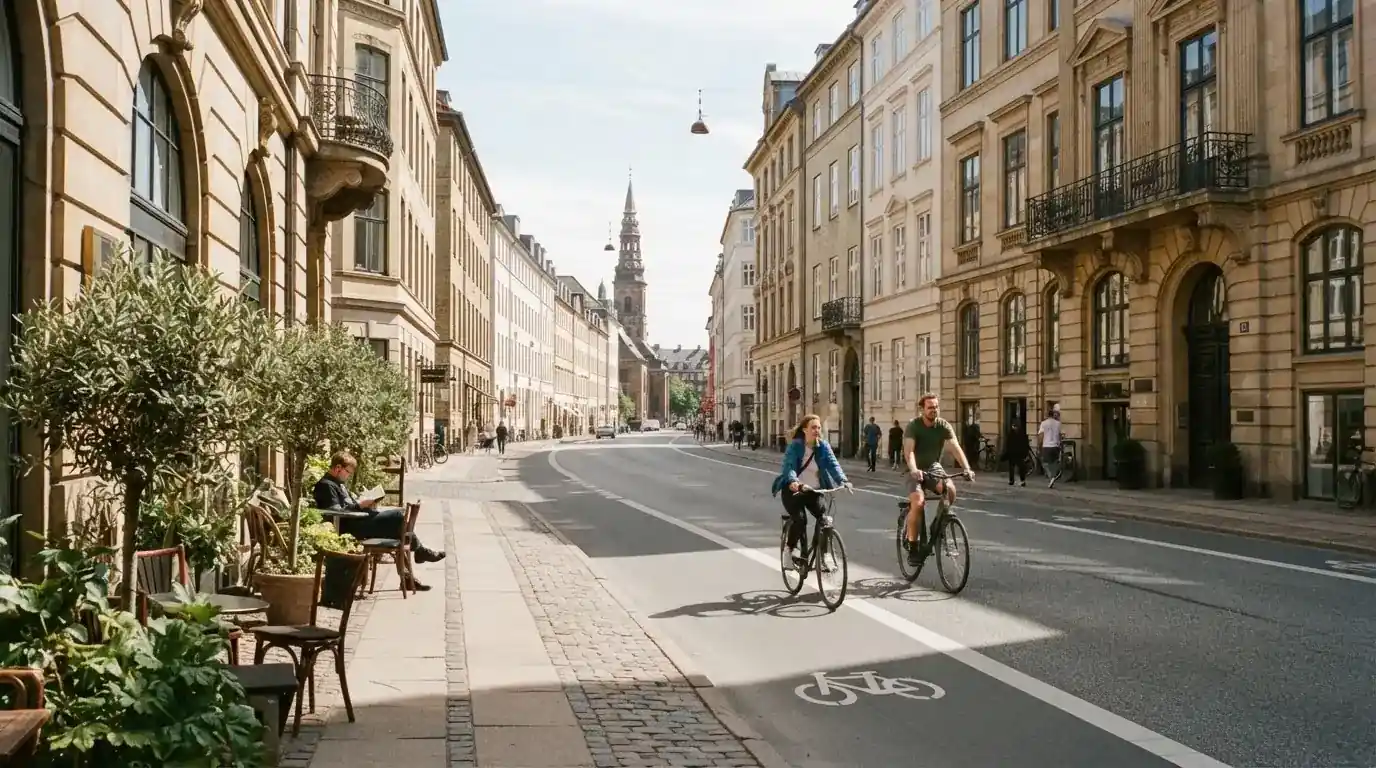 Københavnsk gade med klassiske sandstensbygninger og cyklister i klart vejr, set fra fortovet.