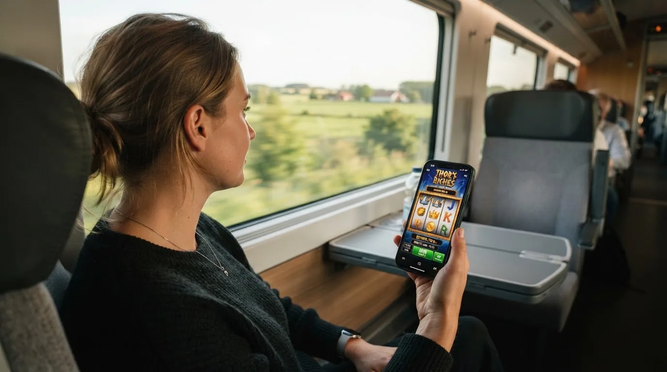 Kvinde på toget ser ud ad vinduet med mobilen i hånden, mens landskabet suser forbi i eftermiddagslys.